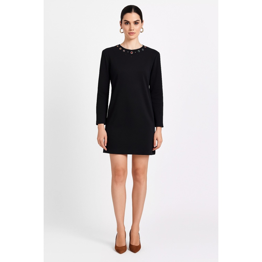 Vintage Black Long Sleeve Embellished‎ Neckline Dress Women Large Zipper Front